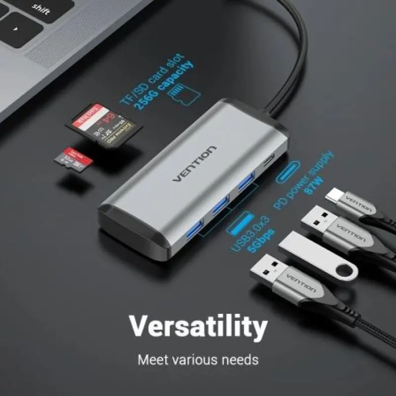 Docking USB Tipo-C Vention TGRHB/ 3xUSB/ 1xLector Tarjetas/ 1xUSB Tipo-C PD/ Gris Docking USB Tipo-C Vention TGRHB/ 3xUSB/ 1xLector Tarjetas/ 1xUSB Tipo-C PD/ Gris