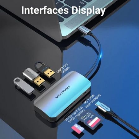 Docking USB Tipo-C Vention TNHHB/ 3xUSB/ 1xUSB Tipo-C PD/ 1xLector Tarjetas SD y MicroSD/ Gris Docking USB Tipo-C Vention TNHHB/ 3xUSB/ 1xUSB Tipo-C PD/ 1xLector Tarjetas SD y MicroSD/ Gris