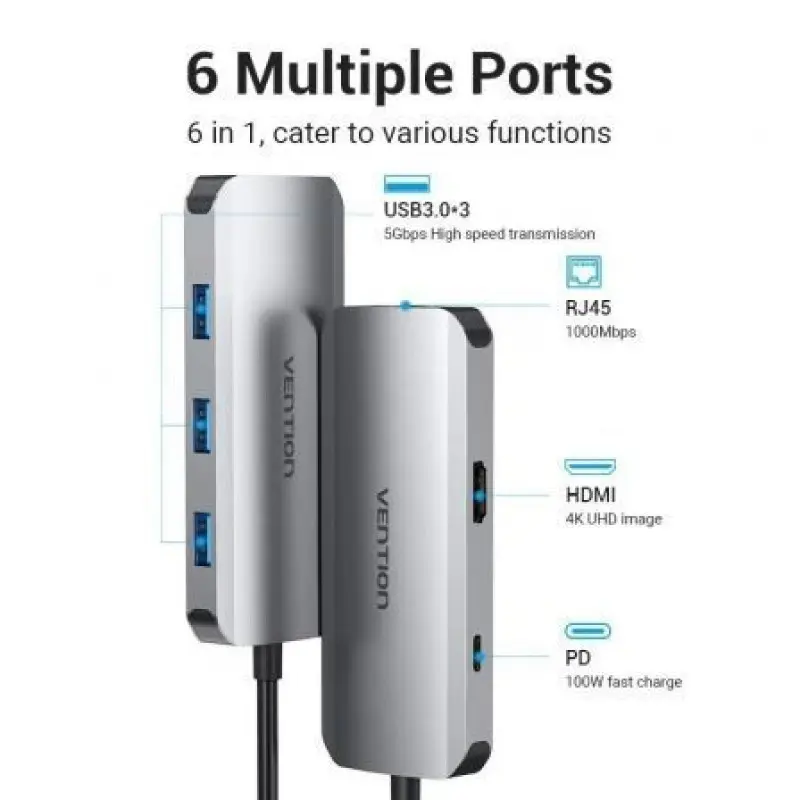 Docking USB Tipo-C Vention TOHHB/ 1xHDMI/ 3xUSB/ 1xRJ45/ 1xUSB Tipo-C PD Docking USB Tipo-C Vention TOHHB/ 1xHDMI/ 3xUSB/ 1xRJ45/ 1xUSB Tipo-C PD
