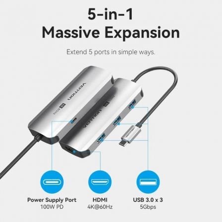 Docking USB Tipo-C Vention TQDHB/ 1xHDMI 4K/ 3xUSB/ 1xUSB Tipo-C PD/ Gris Docking USB Tipo-C Vention TQDHB/ 1xHDMI 4K/ 3xUSB/ 1xUSB Tipo-C PD/ Gris