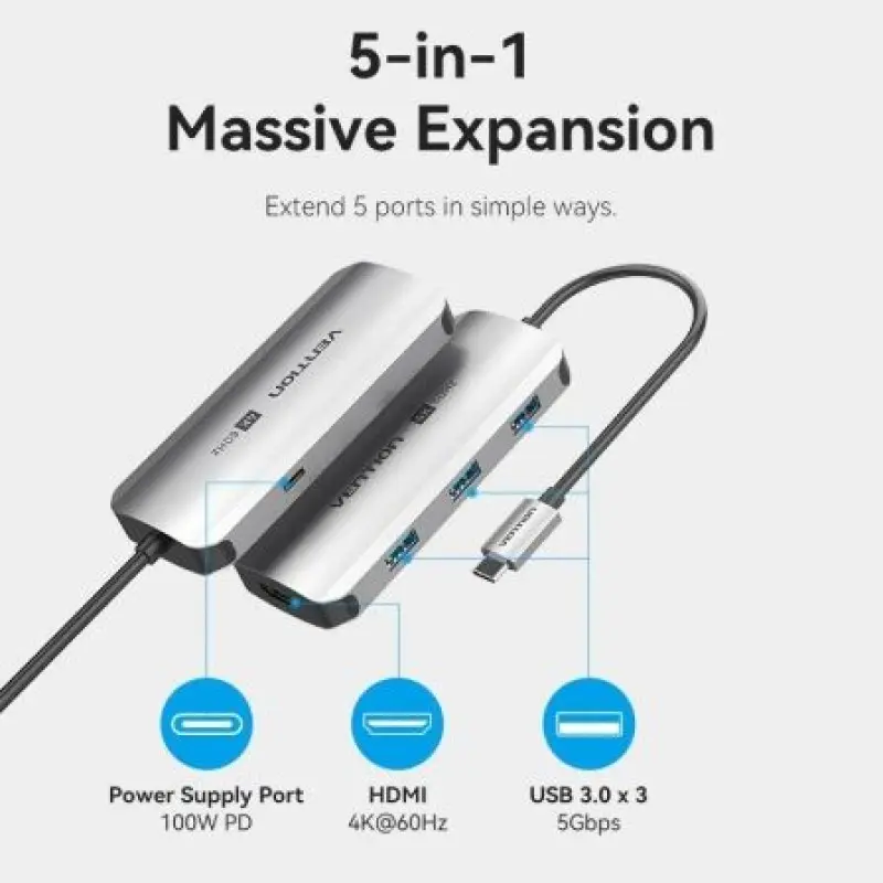 Docking USB Tipo-C Vention TQDHB/ 1xHDMI 4K/ 3xUSB/ 1xUSB Tipo-C PD/ Gris Docking USB Tipo-C Vention TQDHB/ 1xHDMI 4K/ 3xUSB/ 1xUSB Tipo-C PD/ Gris