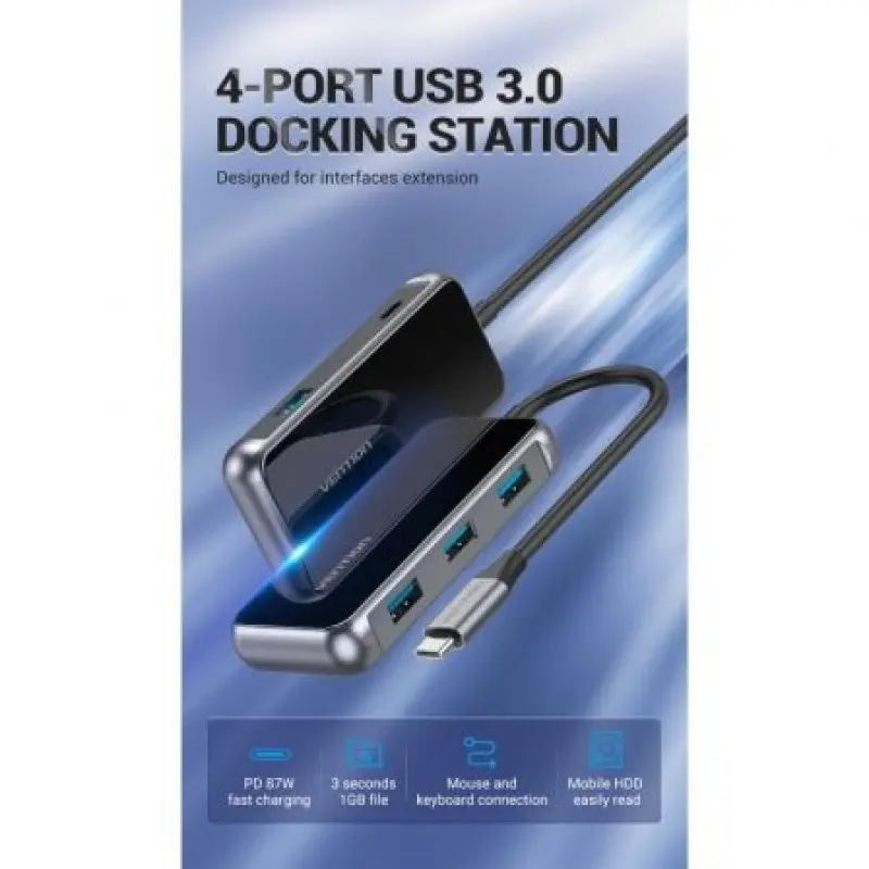 Hub USB Tipo-C Vention TFDHB/ 4xUSB/ 1xUSB Tipo-C PD/ Gris Hub USB Tipo-C Vention TFDHB/ 4xUSB/ 1xUSB Tipo-C PD/ Gris