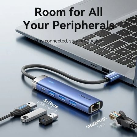 Hub USB 3.0 Vention TGFSB/ 3xUSB/ 1xRJ45/ 1xUSB Tipo-C PD Hub USB 3.0 Vention TGFSB/ 3xUSB/ 1xRJ45/ 1xUSB Tipo-C PD
