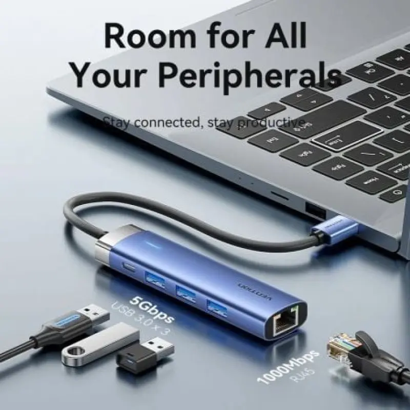 Hub USB 3.0 Vention TGFSB/ 3xUSB/ 1xRJ45/ 1xUSB Tipo-C PD Hub USB 3.0 Vention TGFSB/ 3xUSB/ 1xRJ45/ 1xUSB Tipo-C PD