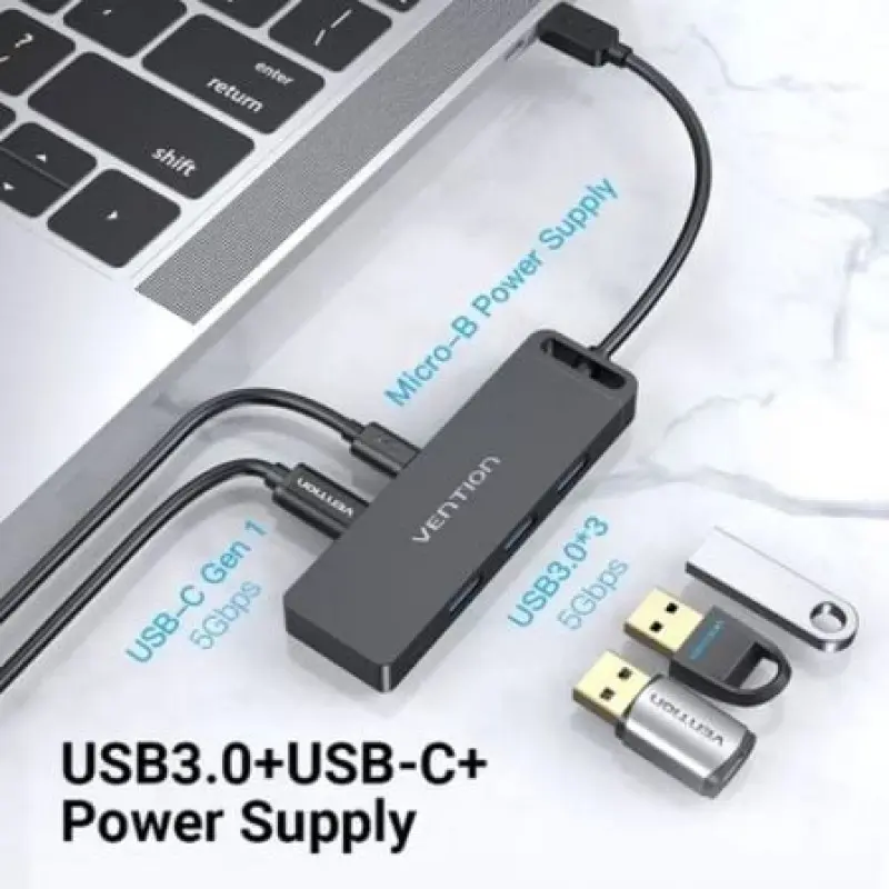 Hub USB Tipo-C Vention TGTBB/ 3xUSB/ 1xUSB Tipo-C/ 1x MicroUSB PD Hub USB Tipo-C Vention TGTBB/ 3xUSB/ 1xUSB Tipo-C/ 1x MicroUSB PD