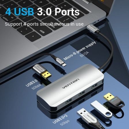 Hub USB Tipo-C Vention TNAHB/ 4xUSB/ 1xMicroUSB PD Hub USB Tipo-C Vention TNAHB/ 4xUSB/ 1xMicroUSB PD