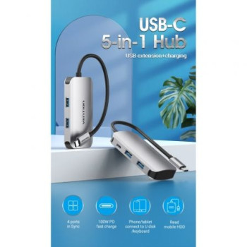 Hub USB Tipo-C Vention TNBHB/ 4xUSB/ 1xUSB Tipo-C PD Hub USB Tipo-C Vention TNBHB/ 4xUSB/ 1xUSB Tipo-C PD