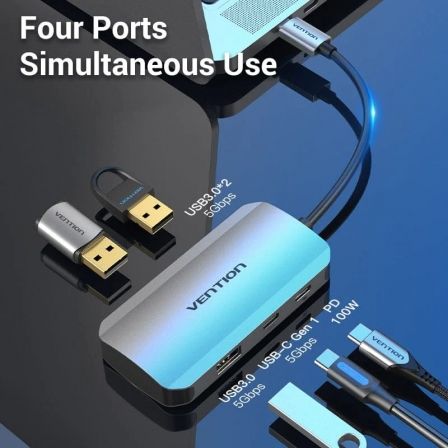 Hub USB Tipo-C Vention TNDHB/ 3xUSB/ 1xUSB Tipo-C/ 1xUSB Tipo-C PD Hub USB Tipo-C Vention TNDHB/ 3xUSB/ 1xUSB Tipo-C/ 1xUSB Tipo-C PD