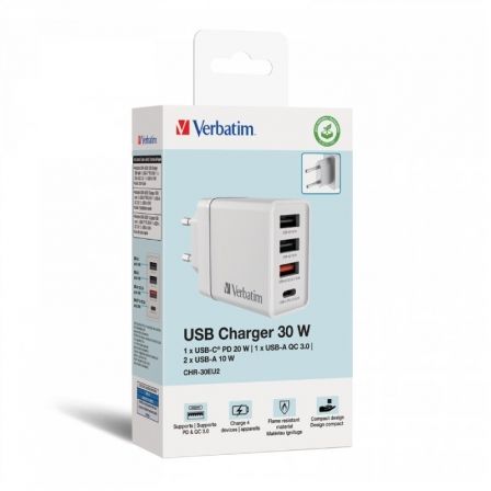 Cargador de Pared Verbatim CHR-30EU2/ 1xUSB Tipo-C/ 3xUSB/ 30W Cargador de Pared Verbatim CHR-30EU2/ 1xUSB Tipo-C/ 3xUSB/ 30W