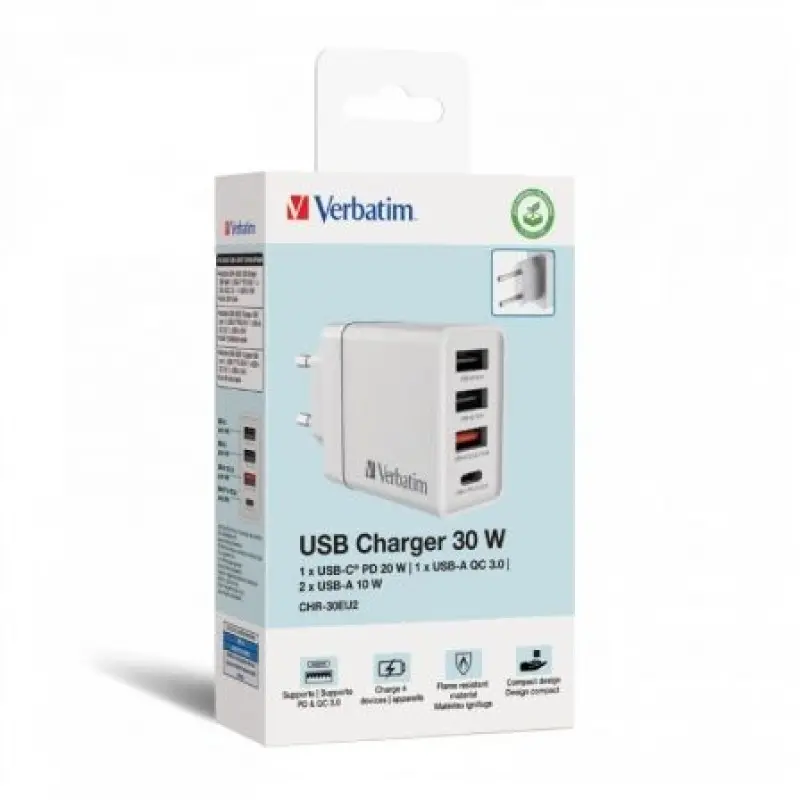 Cargador de Pared Verbatim CHR-30EU2/ 1xUSB Tipo-C/ 3xUSB/ 30W Cargador de Pared Verbatim CHR-30EU2/ 1xUSB Tipo-C/ 3xUSB/ 30W