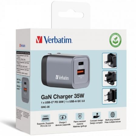 Cargador de Pared Universal Verbatim GNC-35/ 1xUSB Tipo-C/ 1xUSB/ 35W Cargador de Pared Universal Verbatim GNC-35/ 1xUSB Tipo-C/ 1xUSB/ 35W