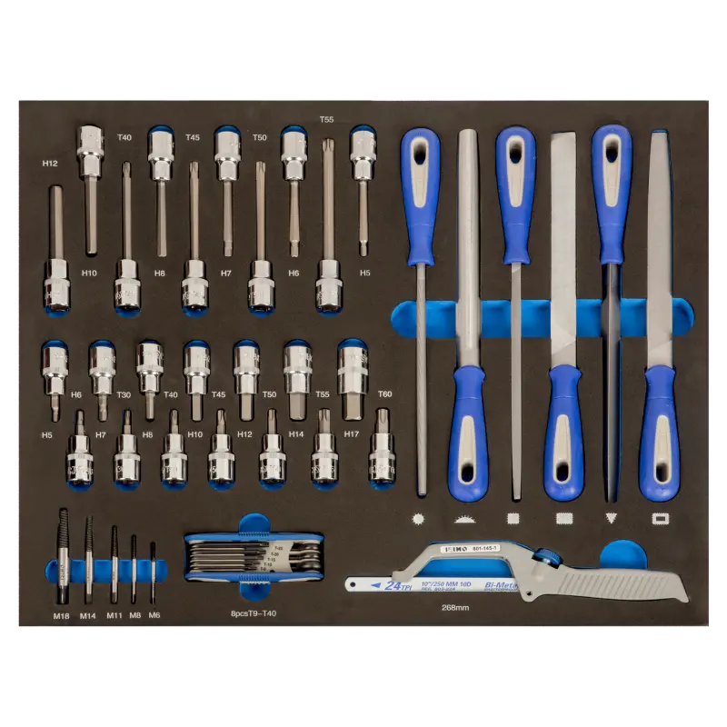 Inserções de espuma 3/3 com pontas de chave de caixa, limas e ferramentas de corte - 44 pcs Inserções de espuma 3/3 com pontas de chave de caixa, limas e ferramentas de corte - 44 pcs