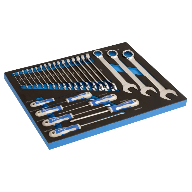 Inserções de espuma 3/3 com chaves de bocas combinadas e chaves de parafusos - 27 pcs Inserções de espuma 3/3 com chaves de bocas combinadas e chaves de parafusos - 27 pcs