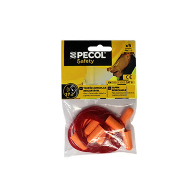 Blister 5 pares Tampões Auriculares C/Fio 37dB PA314 PECOL