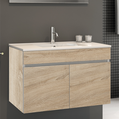 Conjunto móvel Moovlux Porto 800 x 500 x 450 mm 2 portas oak com lavatório cerâmico Conjunto móvel Moovlux Porto 800 x 500 x 450 mm 2 portas oak com lavatório cerâmico