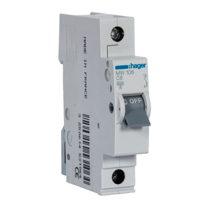 Disjuntor Hager MW106 1P 6 A com curva 3 kA Disjuntor Hager MW106 1P 6 A com curva 3 kA