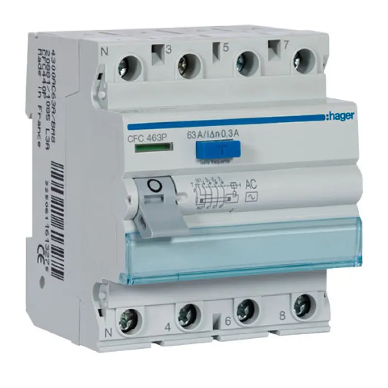 Interruptor diferencial Hager CFC 463P 4P 63 A 300 mA tipo AC Interruptor diferencial Hager CFC 463P 4P 63 A 300 mA tipo AC