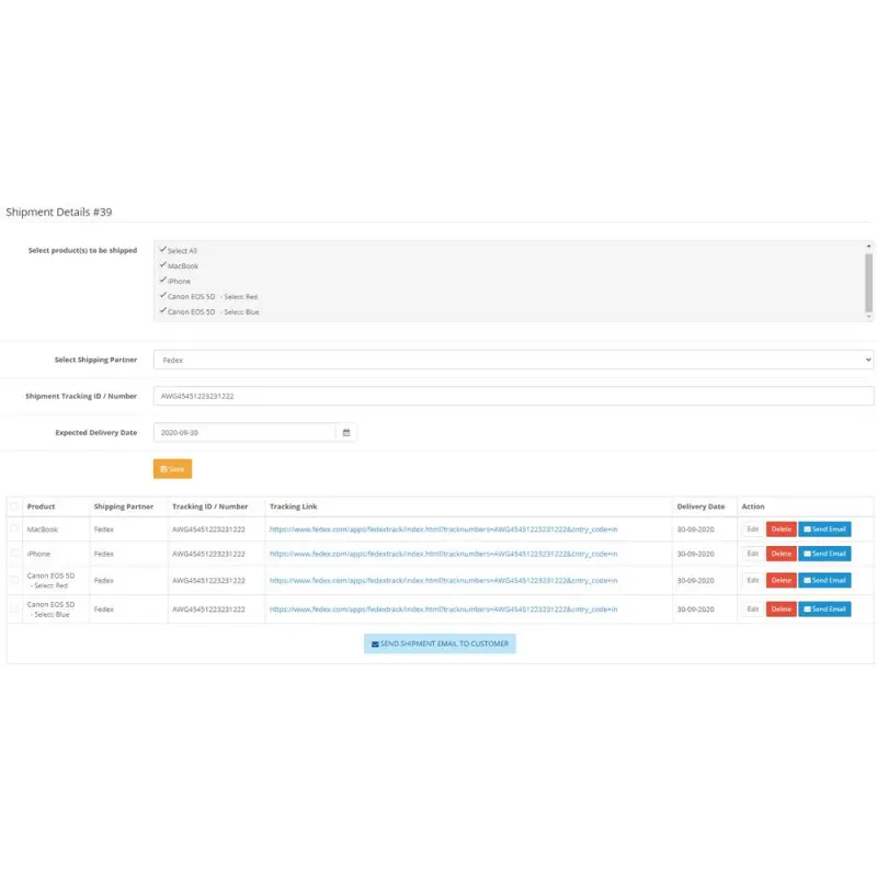 Detalhes de rastreamento de remessa de pedido com e-mail para OpenCart Detalhes de rastreamento de remessa de pedido com e-mail para OpenCart